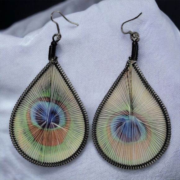 Green Blue Woven Teardrop Peacock Earrings - Picture 1 of 4